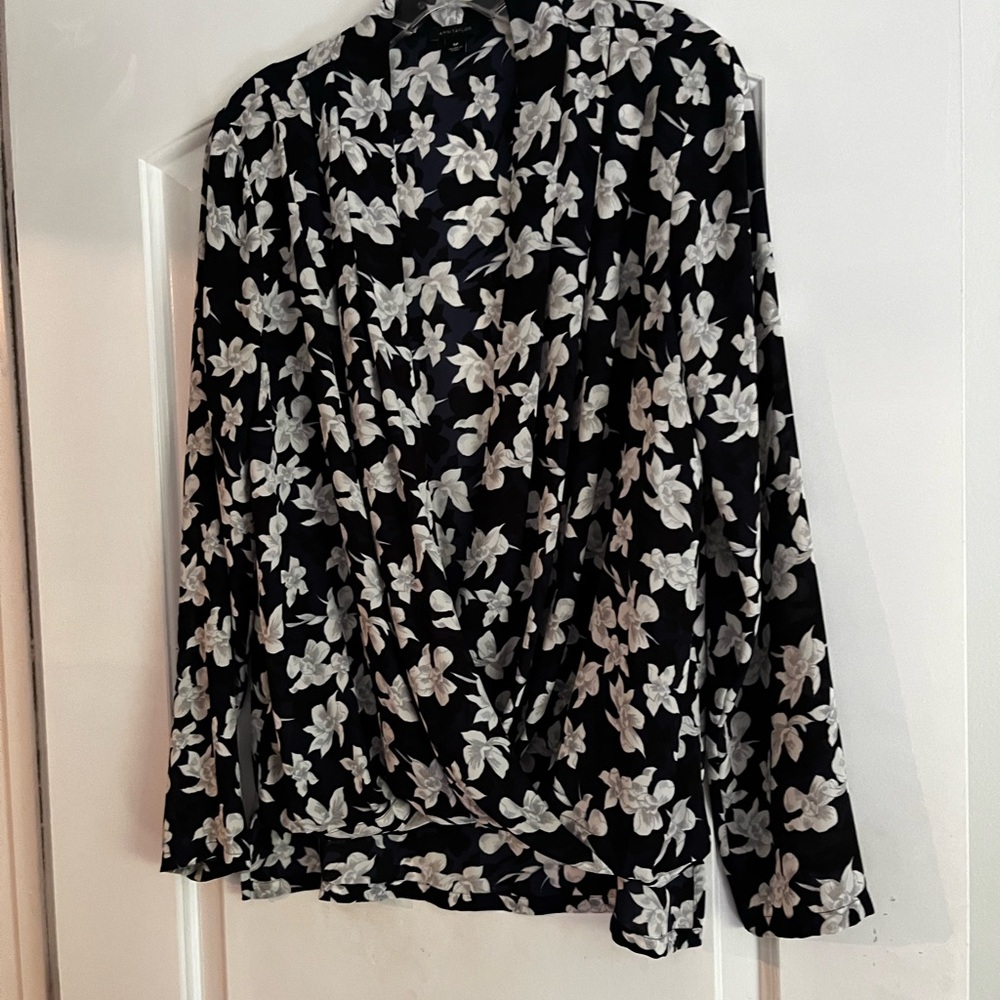 Ann Taylor White and Black SilkyTop with Elegant Floral Design